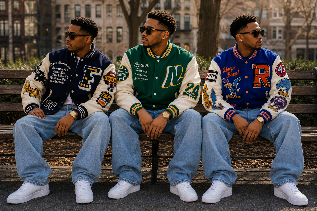 "Three young adults wearing Heritage Varsity Co. premium varsity jackets, showcasing classic American college fashion and modern streetwear style."