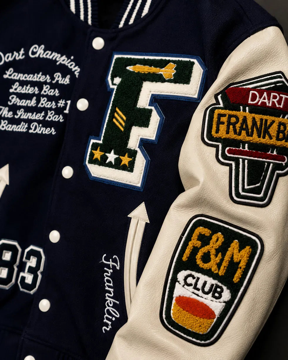 Heritage Varsity Co. Dart Champions Franklin Varsity Jacket | Navy Wool & Leather Sleeves | F Letter Patches | NWT