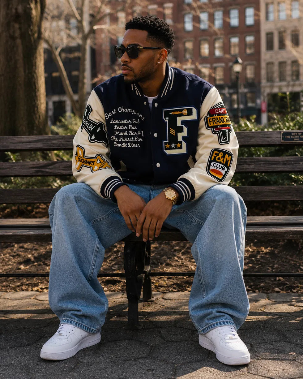 Heritage Varsity Co. Dart Champions Franklin Varsity Jacket | Navy Wool & Leather Sleeves | F Letter Patches | NWT