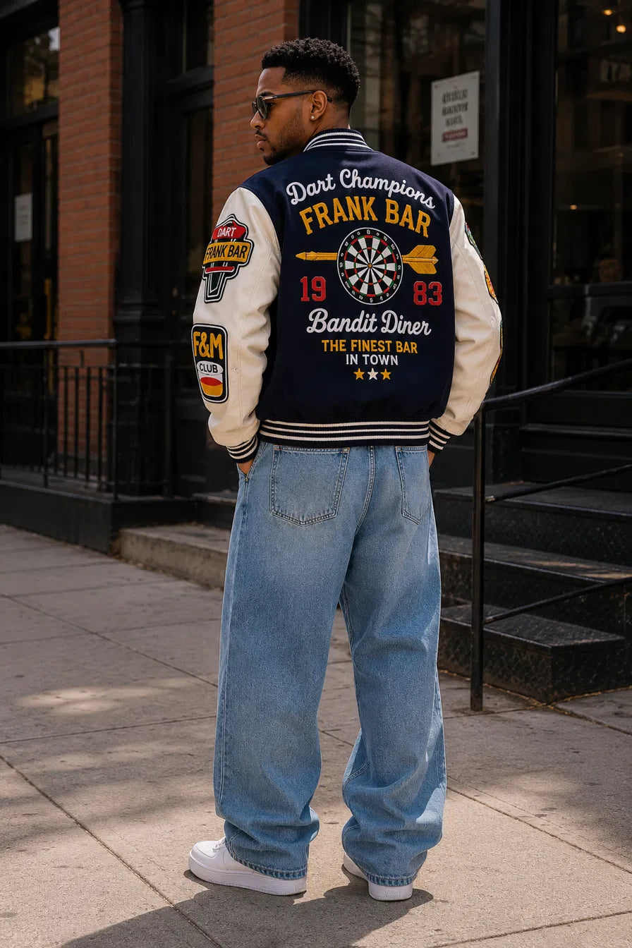 Heritage Varsity Co. Dart Champions Franklin Varsity Jacket | Navy Wool & Leather Sleeves | F Letter Patches | NWT