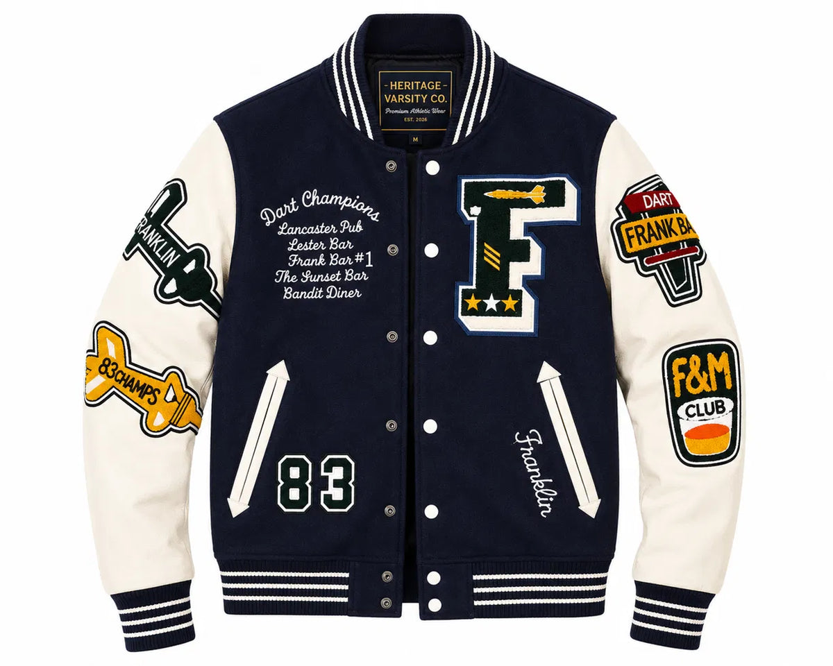 Heritage Varsity Co. Dart Champions Franklin Varsity Jacket | Navy Wool & Leather Sleeves | F Letter Patches | NWT