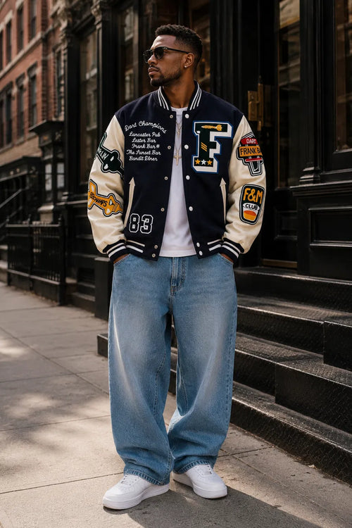 Heritage Varsity Co. Dart Champions Franklin Varsity Jacket | Navy Wool & Leather Sleeves | F Letter Patches | NWT