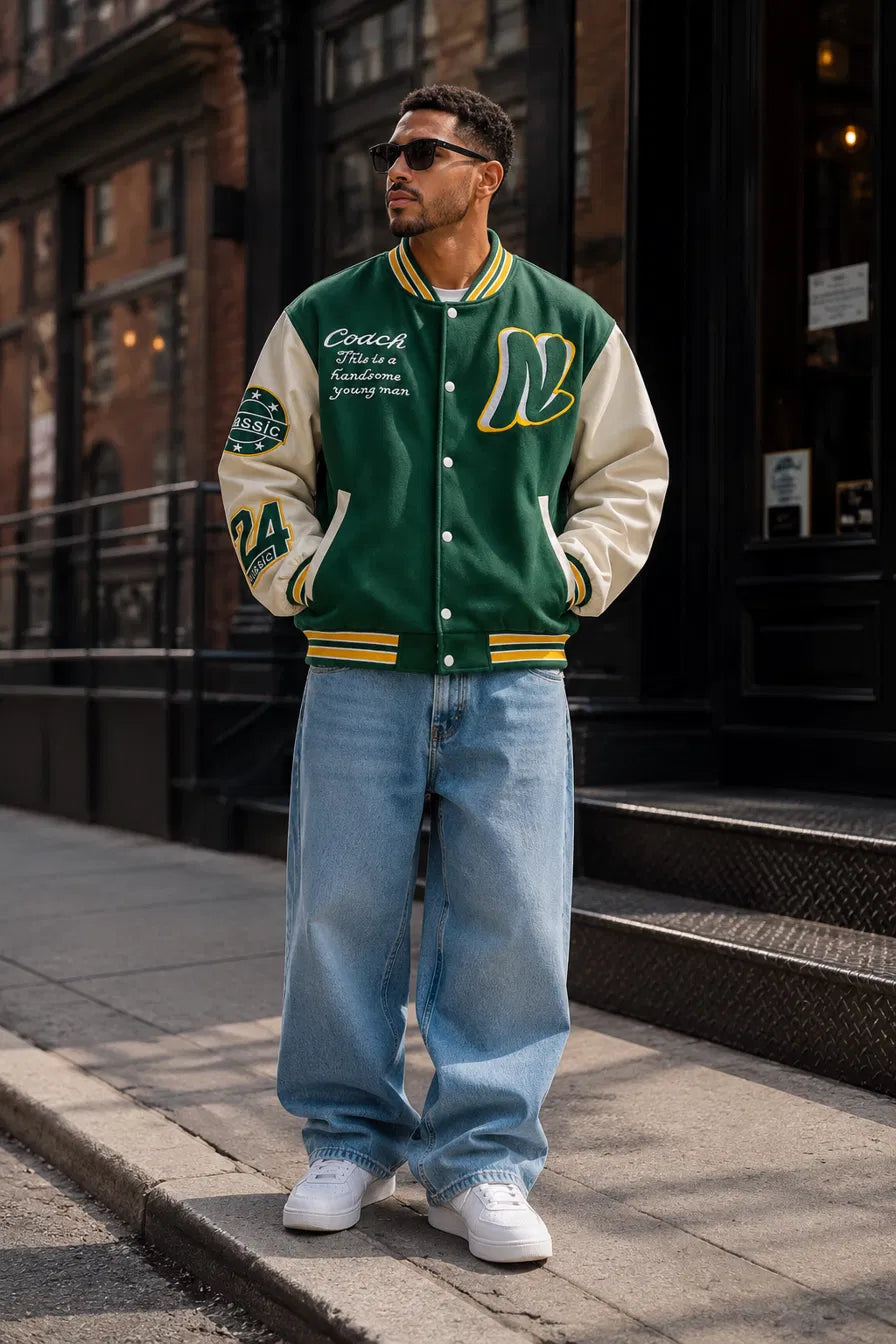 Heritage Varsity Co. Coach Classic Varsity Jacket | Green Wool & Leather Sleeves | N Letter Patch | NWT