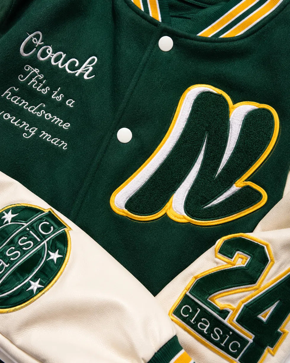 Heritage Varsity Co. Coach Classic Varsity Jacket | Green Wool & Leather Sleeves | N Letter Patch | NWT