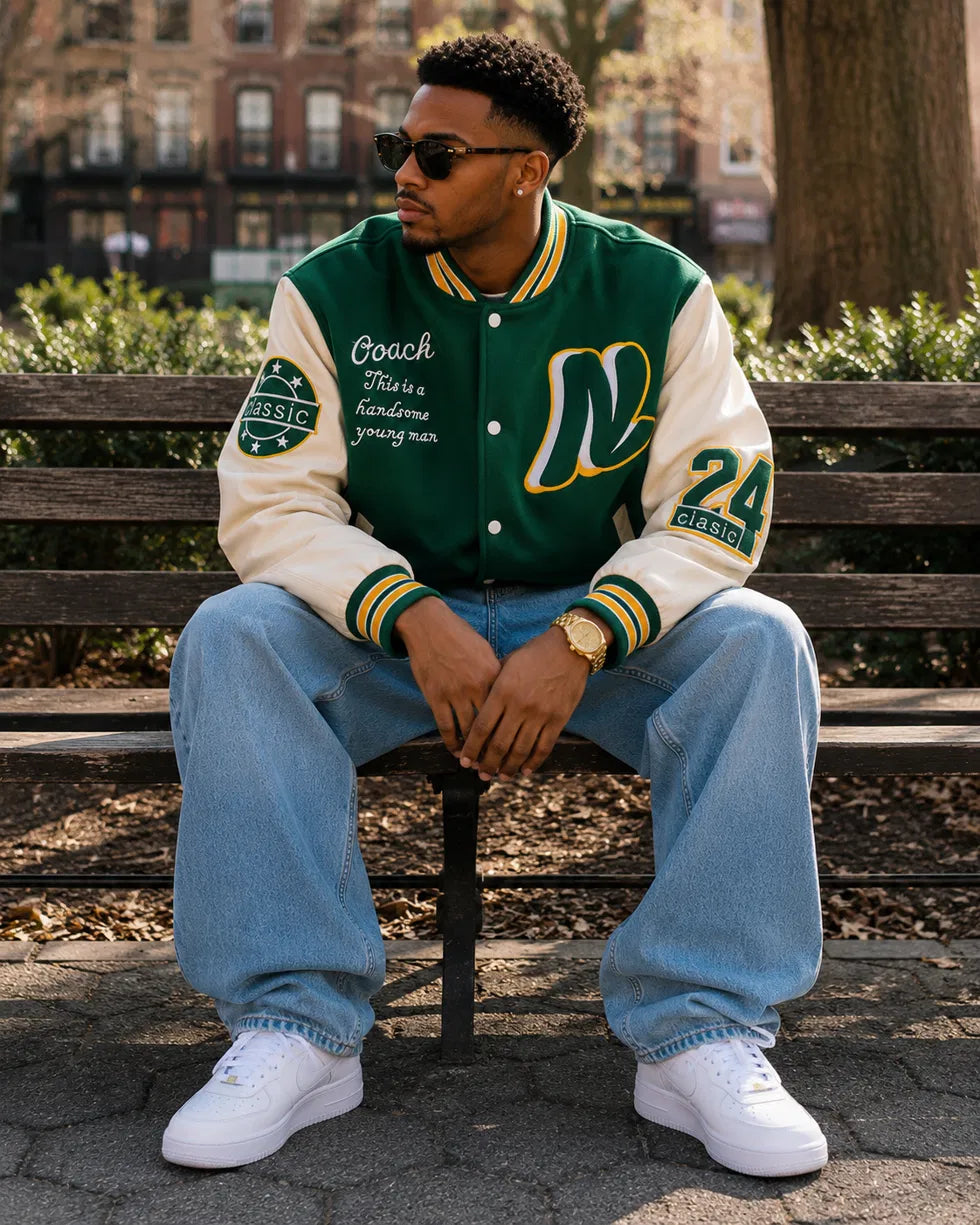 Heritage Varsity Co. Coach Classic Varsity Jacket | Green Wool & Leather Sleeves | N Letter Patch | NWT