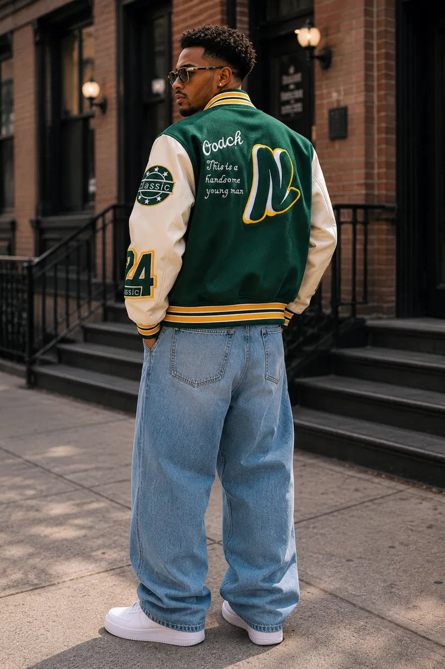 Heritage Varsity Co. Coach Classic Varsity Jacket | Green Wool & Leather Sleeves | N Letter Patch | NWT