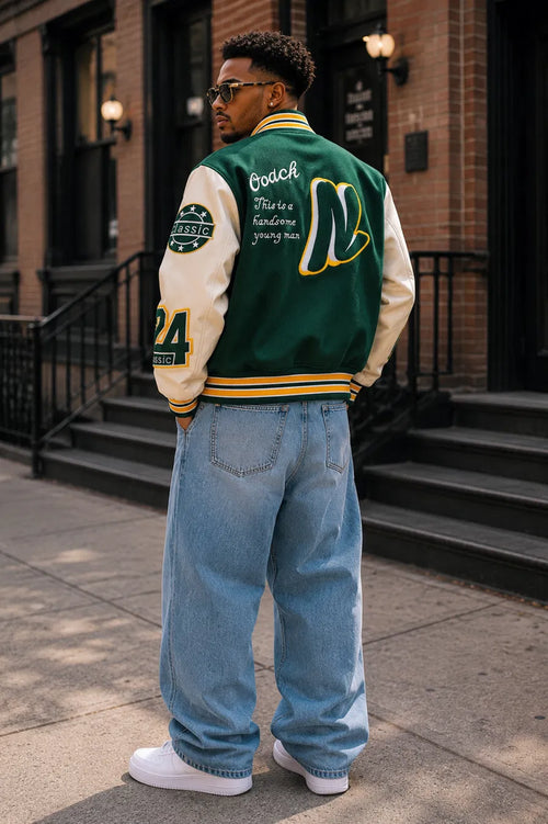 Heritage Varsity Co. Coach Classic Varsity Jacket | Green Wool & Leather Sleeves | N Letter Patch | NWT