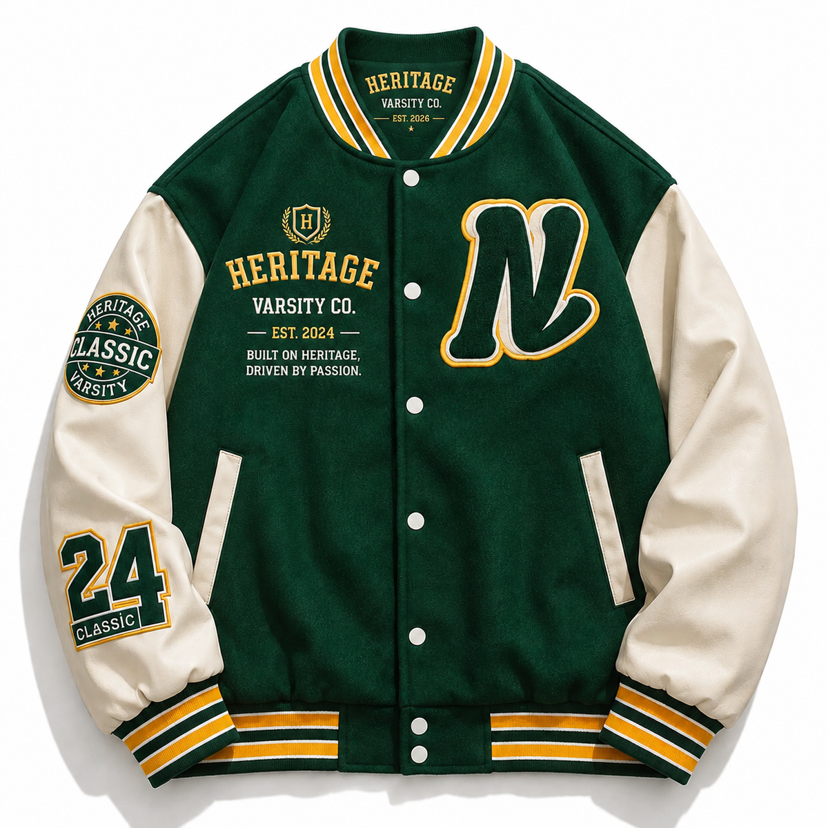 Heritage Varsity Co. Coach Classic Varsity Jacket | Green Wool & Leather Sleeves | N Letter Patch | NWT