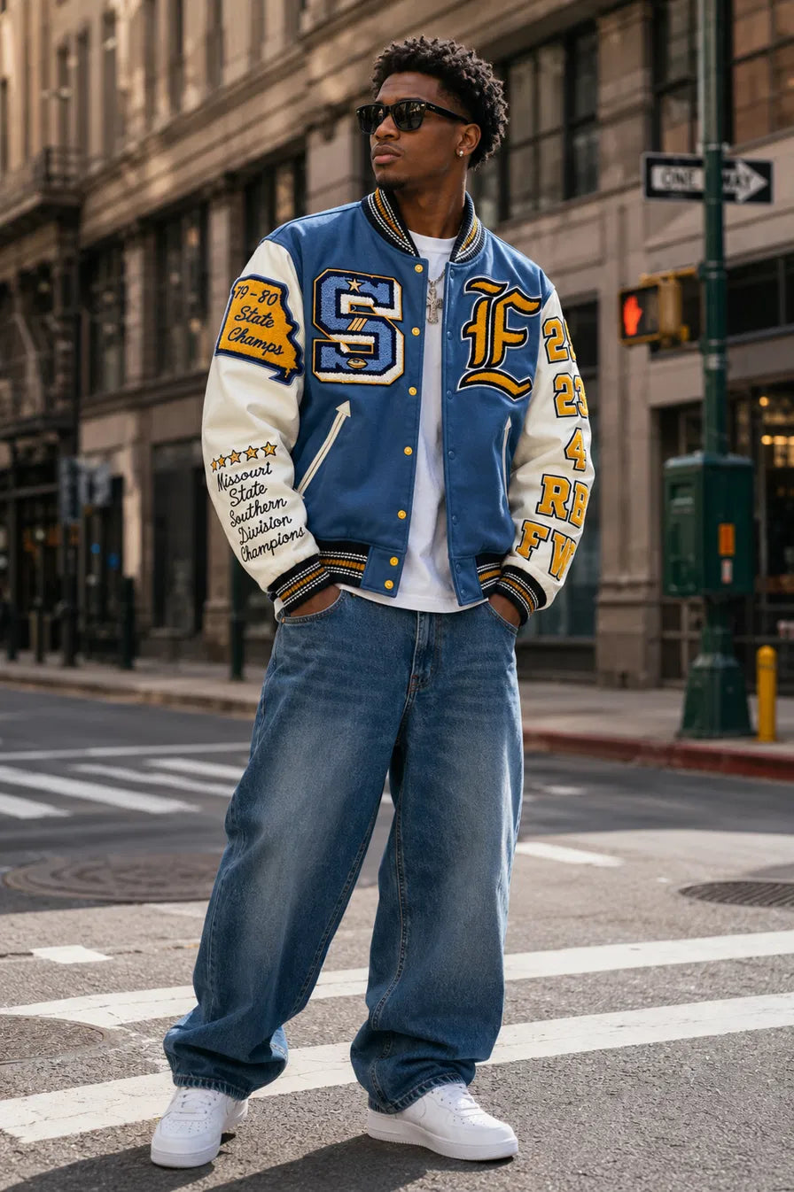 Heritage Varsity Missouri State Champions Varsity Jacket | Blue Wool & Leather Sleeves | SF Patches | NWT