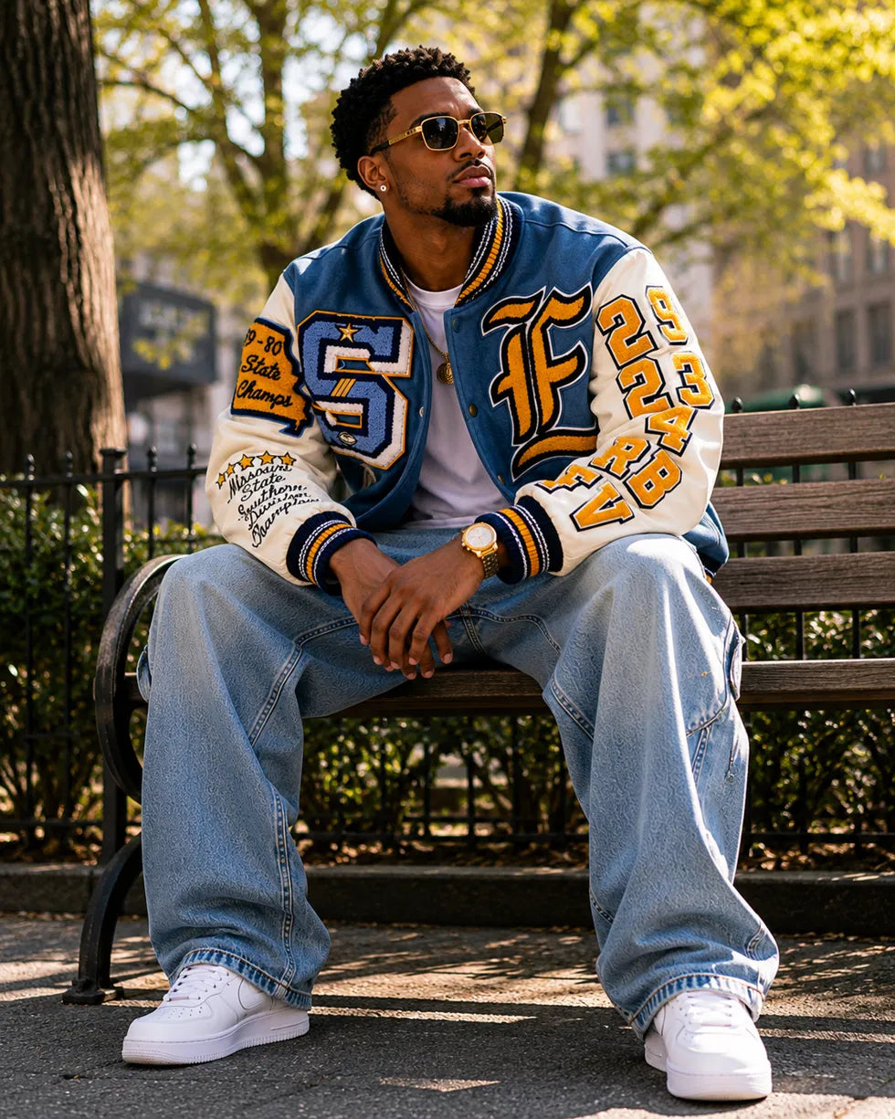 Heritage Varsity Brockton Football Champions Varsity Jacket | Navy Wool & Leather Sleeves | Gothic B Patches | NWT
