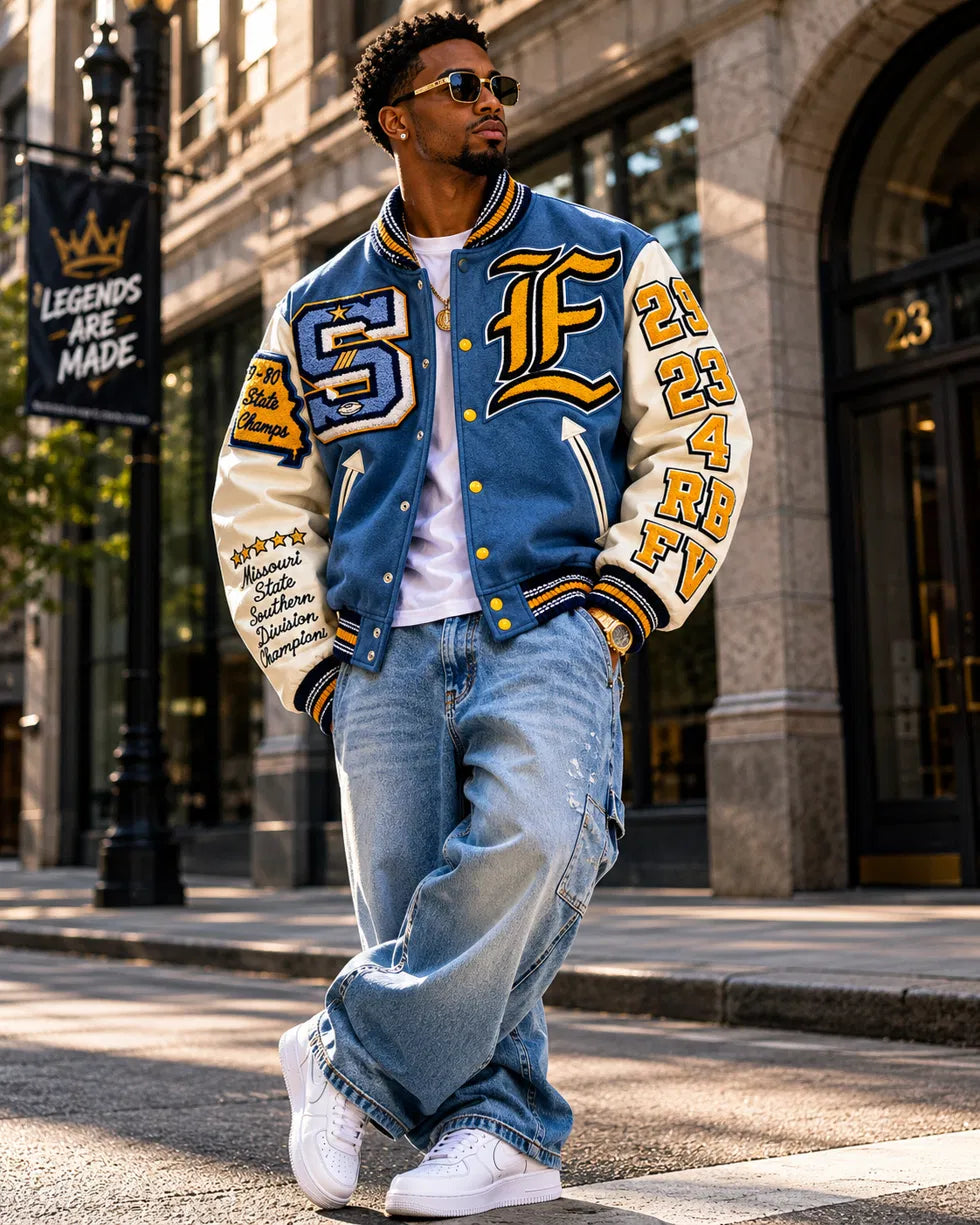 Heritage Varsity Brockton Football Champions Varsity Jacket | Navy Wool & Leather Sleeves | Gothic B Patches | NWT