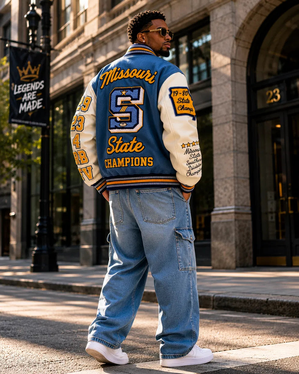 Heritage Varsity Brockton Football Champions Varsity Jacket | Navy Wool & Leather Sleeves | Gothic B Patches | NWT