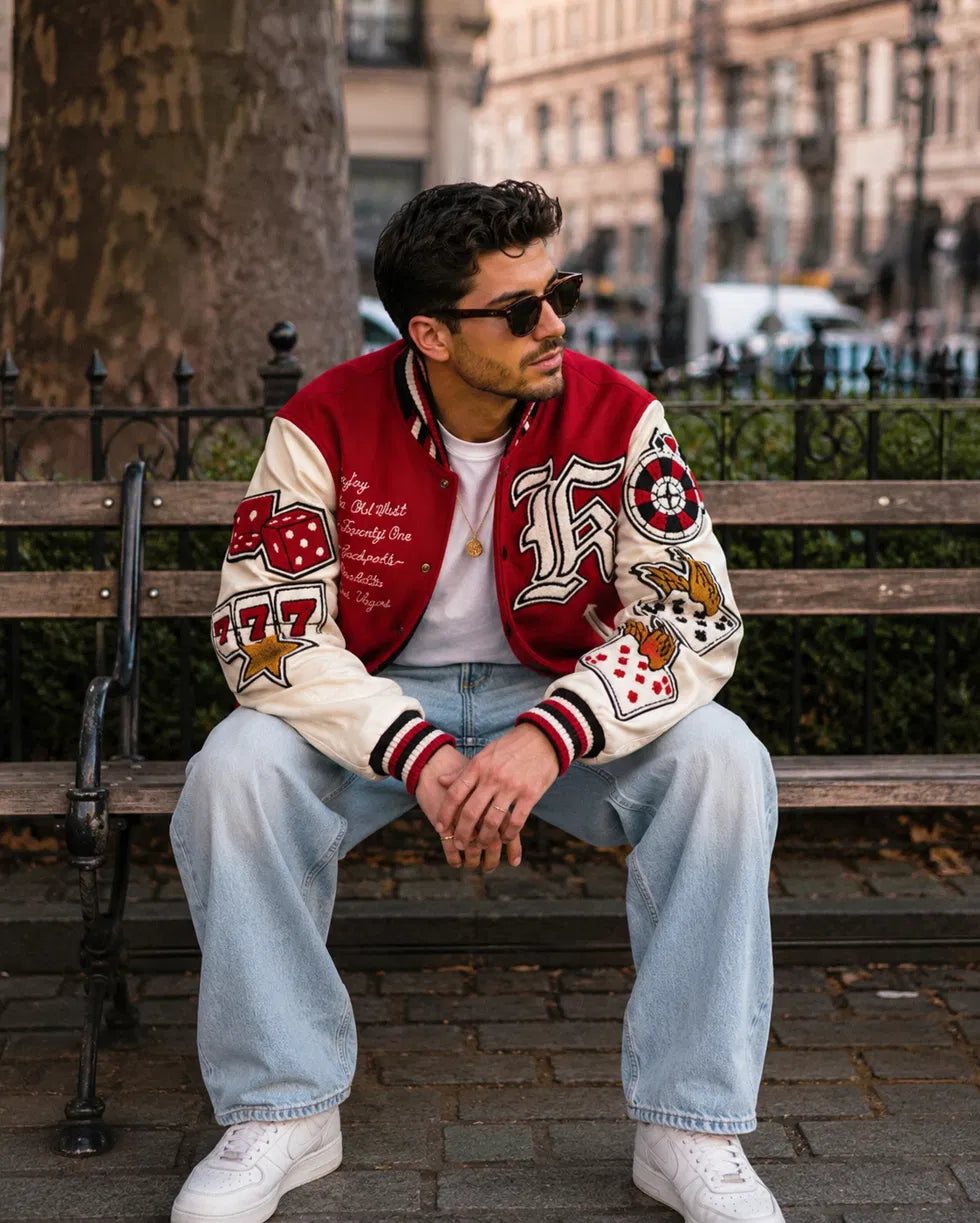 Heritage Varsity Las Vegas Casino Varsity Jacket | Red Wool & Leather Sleeves | 777 Casino Patches | NWT