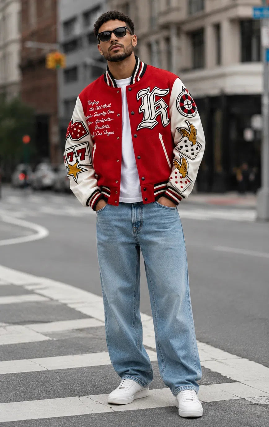 Heritage Varsity Las Vegas Casino Varsity Jacket | Red Wool & Leather Sleeves | 777 Casino Patches | NWT