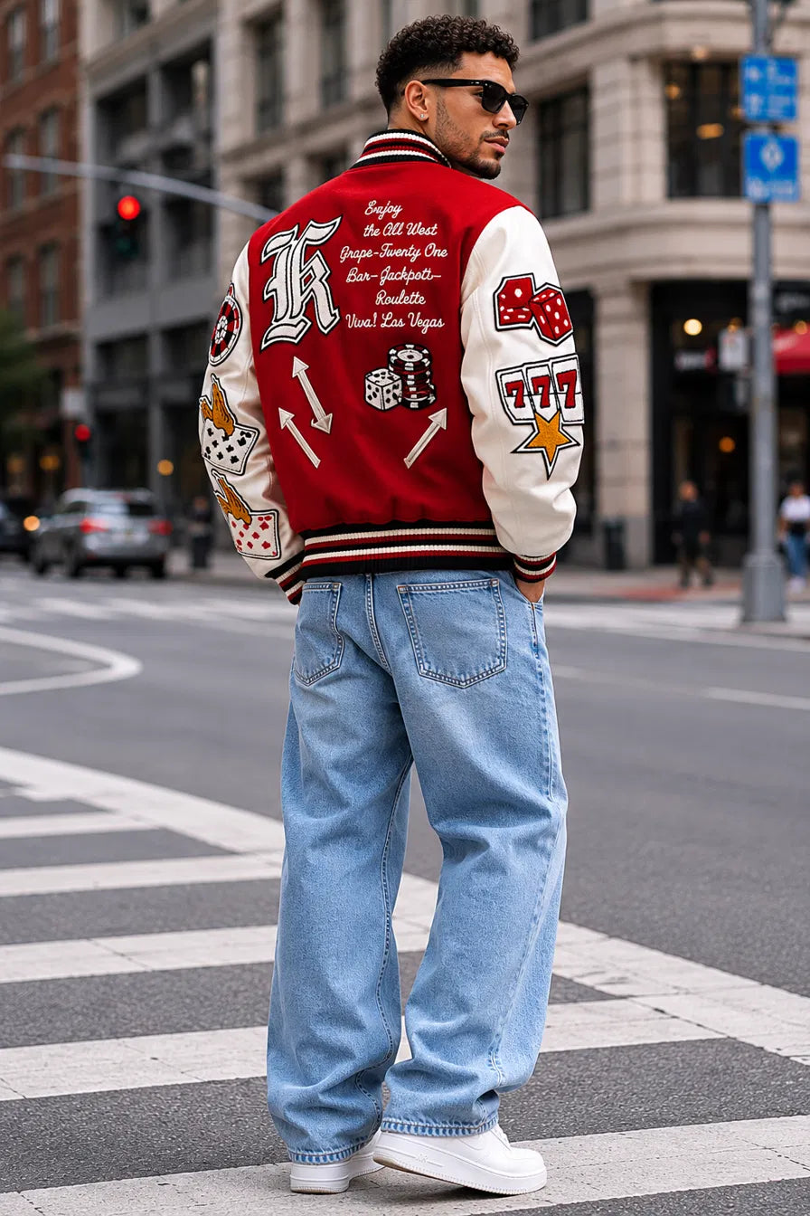Heritage Varsity Las Vegas Casino Varsity Jacket | Red Wool & Leather Sleeves | 777 Casino Patches | NWT