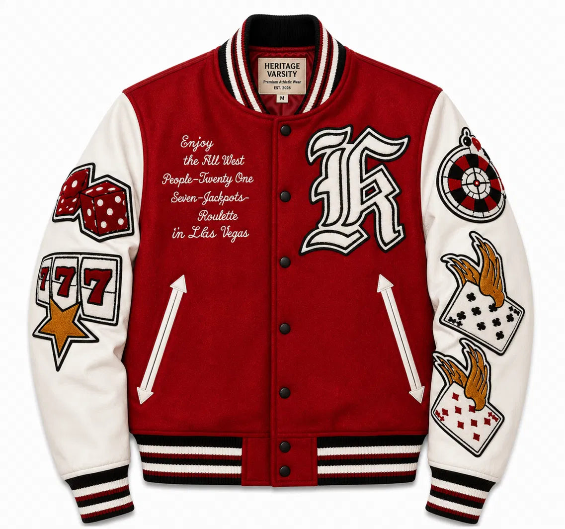 Heritage Varsity Las Vegas Casino Varsity Jacket | Red Wool & Leather Sleeves | 777 Casino Patches | NWT