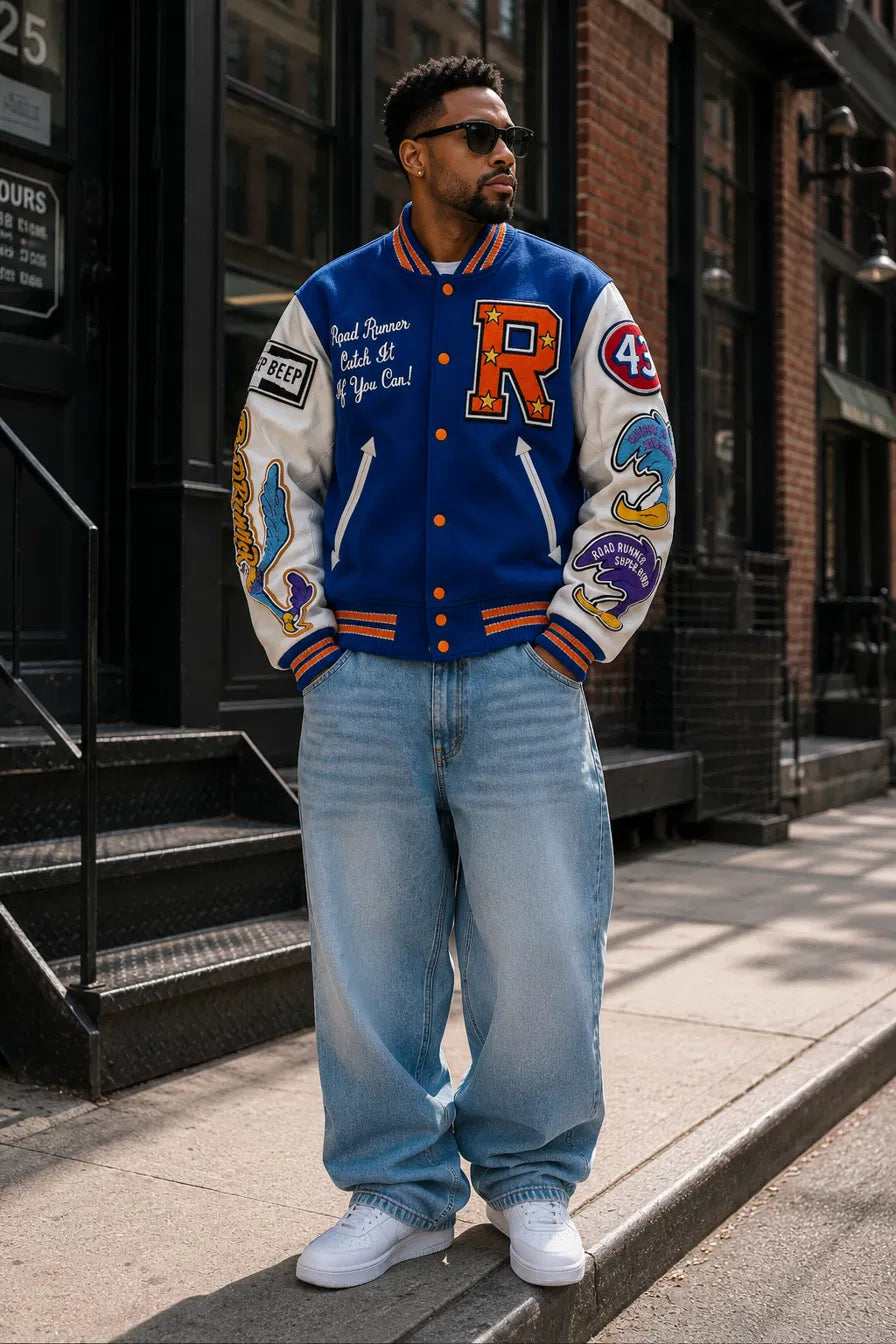 Heritage Varsity Co. Road Runner Varsity Jacket | Blue Wool & Leather Sleeves | Cartoon Patches | NWT