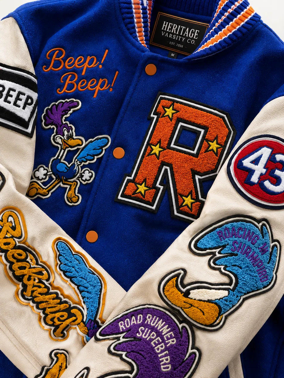 Heritage Varsity Co. Road Runner Varsity Jacket | Blue Wool & Leather Sleeves | Cartoon Patches | NWT