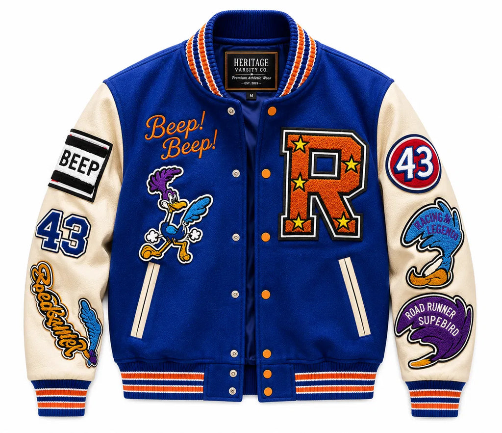 Heritage Varsity Co. Road Runner Varsity Jacket | Blue Wool & Leather Sleeves | Cartoon Patches | NWT