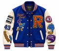 Heritage Varsity Co. Road Runner Varsity Jacket | Blue Wool & Leather Sleeves | Cartoon Patches | NWT