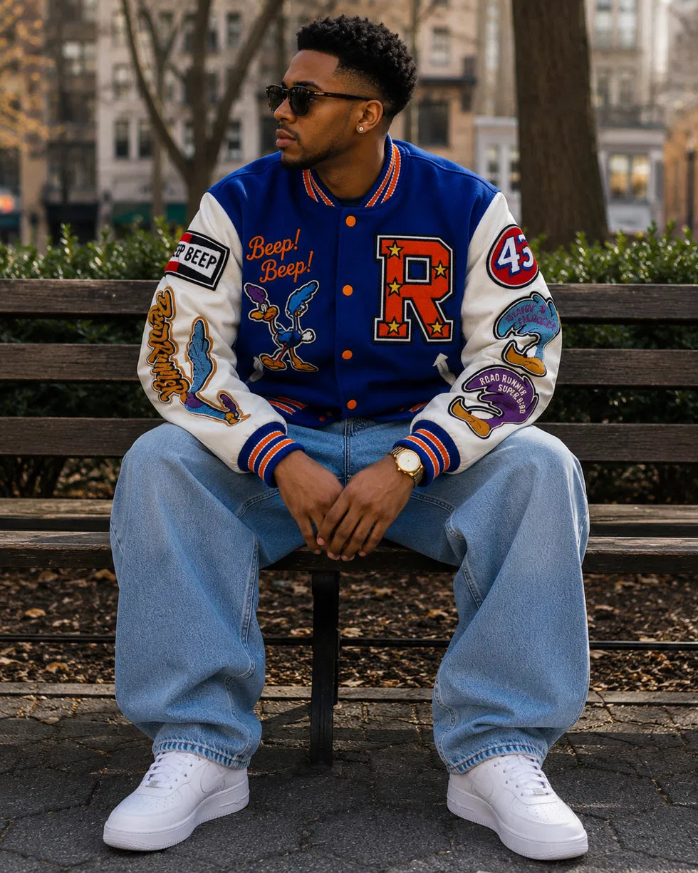 Heritage Varsity Co. Road Runner Varsity Jacket | Blue Wool & Leather Sleeves | Cartoon Patches | NWT