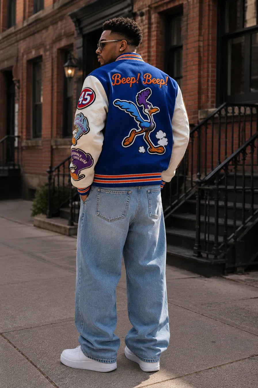 Heritage Varsity Co. Road Runner Varsity Jacket | Blue Wool & Leather Sleeves | Cartoon Patches | NWT